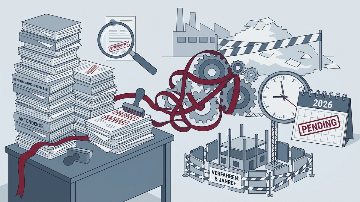 Verzögerte Genehmigungsverfahren: Aktenberge, Stempel, Zahnräder, Uhr und Kalender 2026