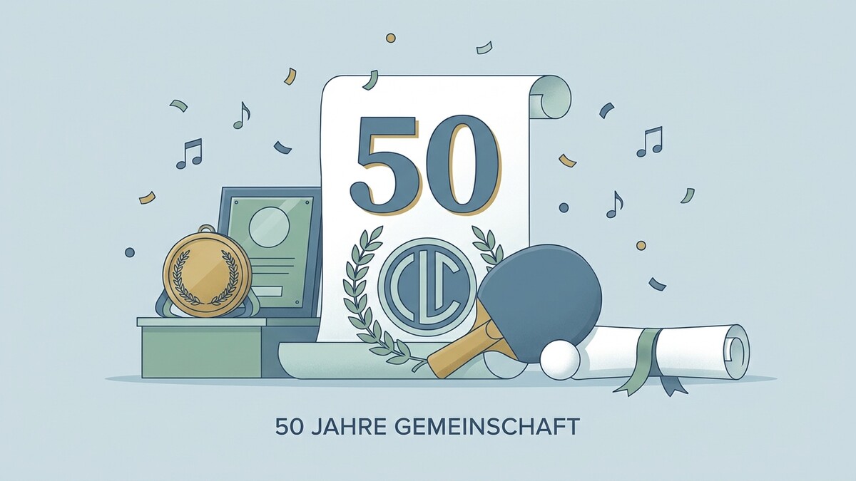 50 Jahre Gemeinschaft: Urkunde mit 50, Medaille, Tischtennisschläger, Ball und Konfetti