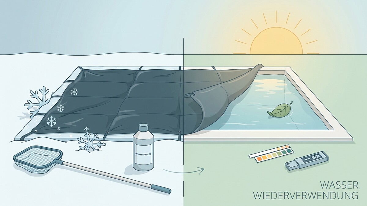 Poolabdeckung im Winter und Sommer mit Wasserpflege und Teststreifen