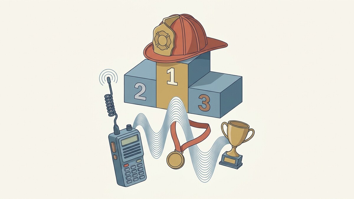 Feuerwehrhelm auf Siegerpodest mit Funkgerät, Medaille und Pokal