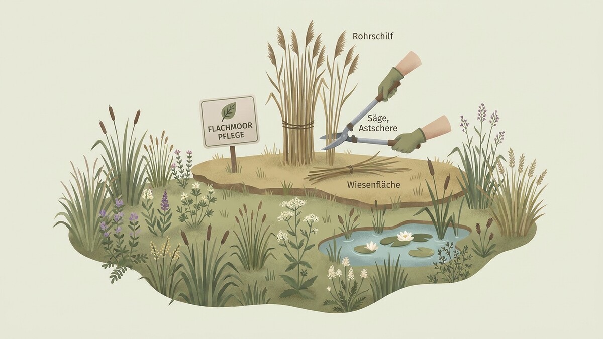 Flachmoor Pflege: Hände mit Astschere schneiden Schilf auf Wiese neben Teich