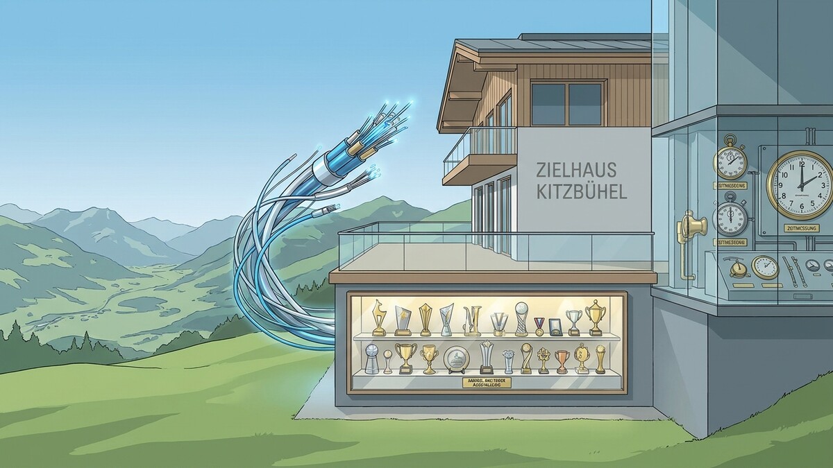 Glasfaserkabel vor dem Zielhaus Kitzbühel mit Pokalen und Zeitmessgeräten