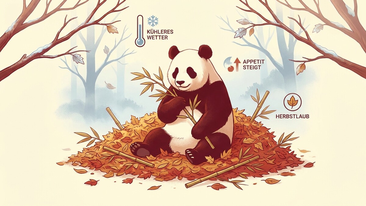 Panda frisst Bambus im Herbstlaub, kühleres Wetter, Appetit steigt
