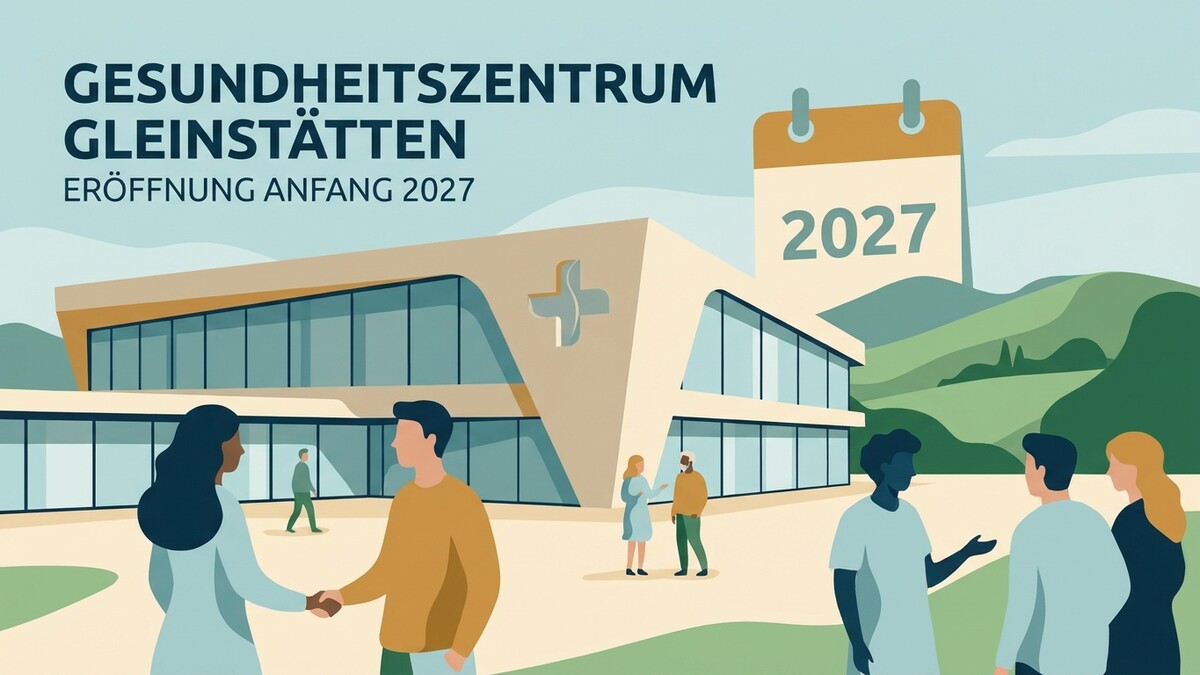 Gesundheitszentrum Gleinstätten Eröffnung Anfang 2027 mit Kalender und Menschen