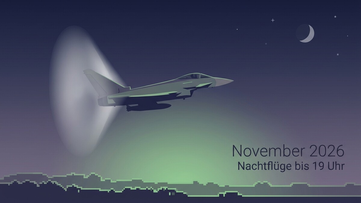 Kampfjet fliegt nachts über einer Stadt, November 2026 Nachtflüge bis 19 Uhr