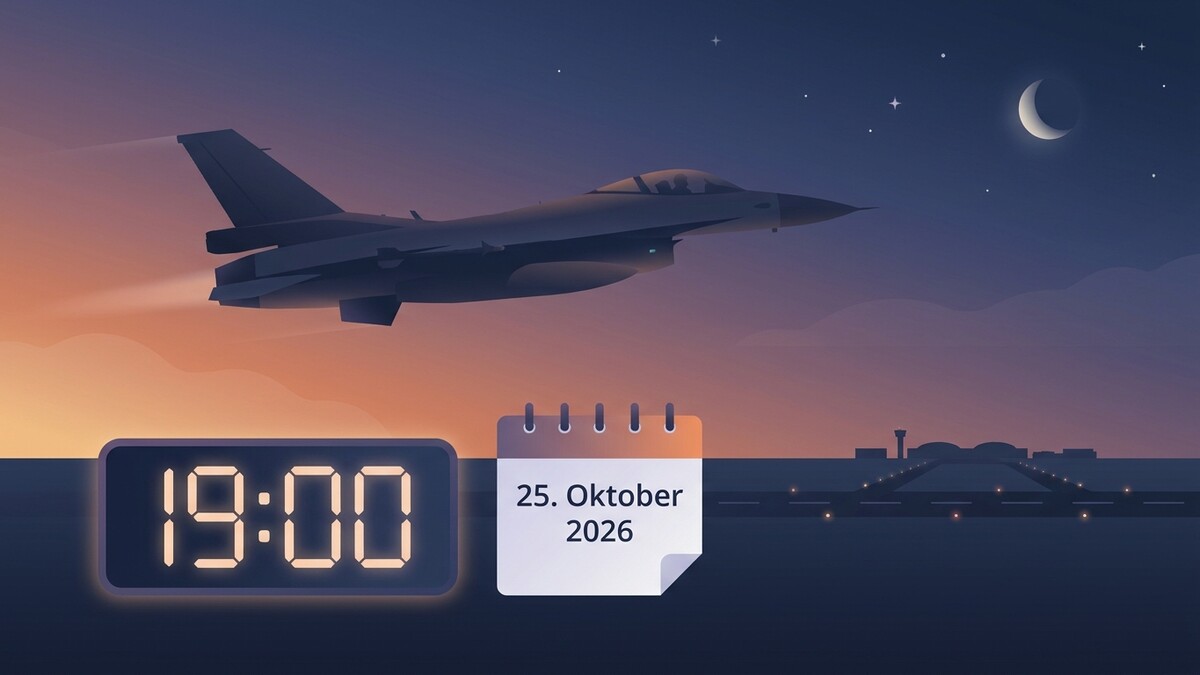 Kampfjet fliegt bei Dämmerung über Flughafen mit digitaler Uhrzeit 19:00 und Kalender 25. Oktober 2026