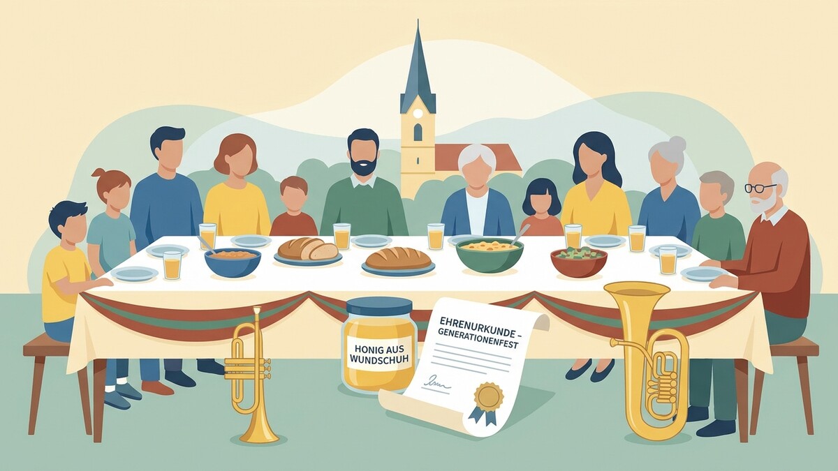 Mehrgenerationenfest mit Familie am Tisch, Ehrenurkunde, Honig und Blasinstrumenten.