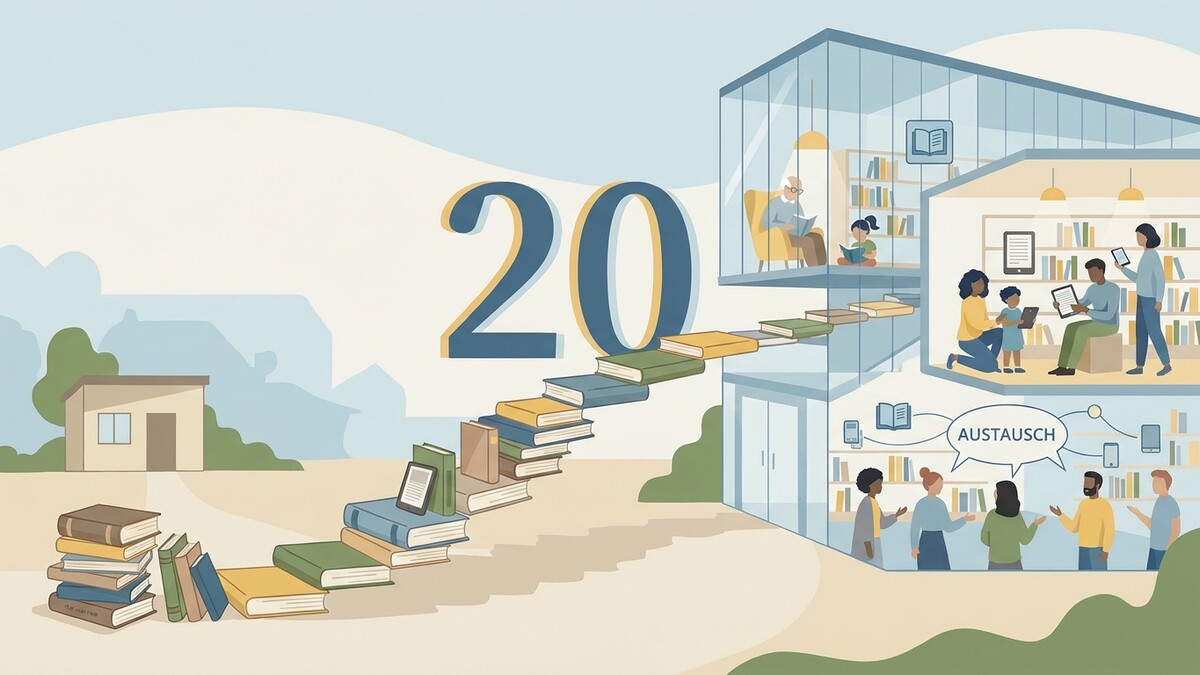 Bücher als Treppe zur modernen Bibliothek mit Menschen und der Zahl 20