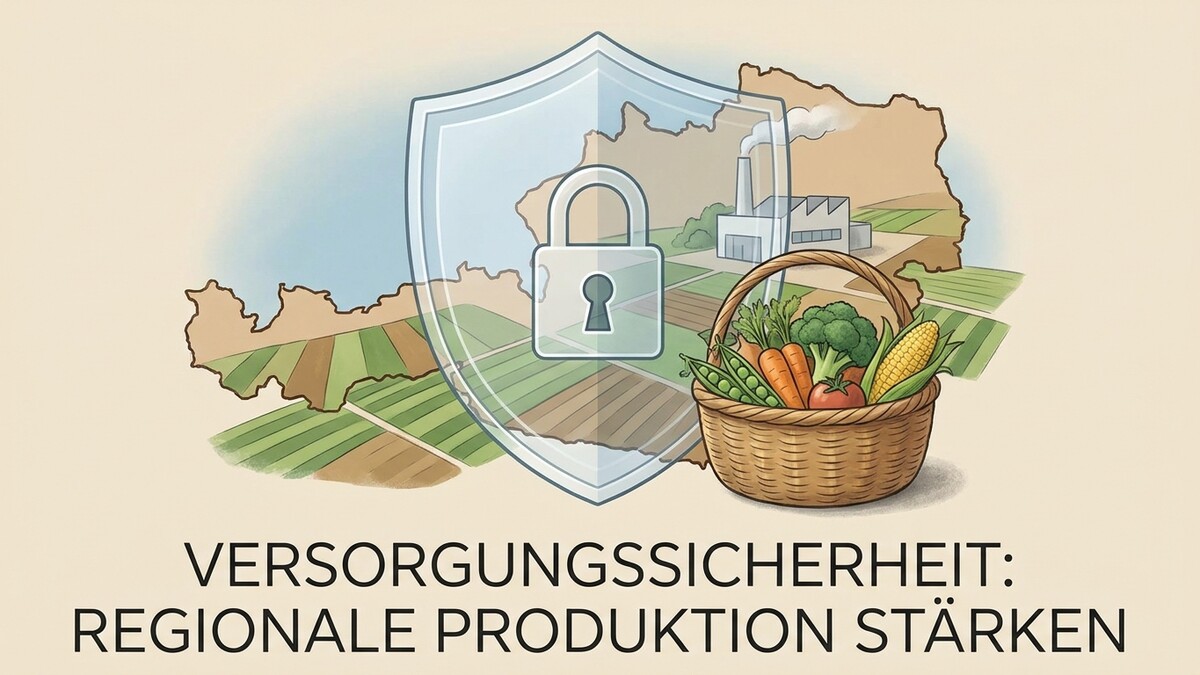 Versorgungssicherheit: Österreichische Landwirtschaft mit Korb voller Gemüse und Fabrik