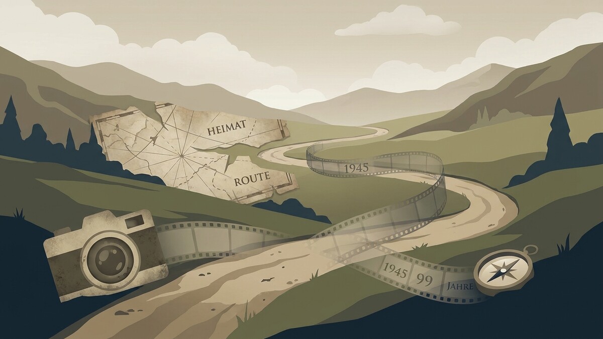 Karte mit „Heimat“ und „Route“ neben einer Straße mit Filmstreifen und Kompass