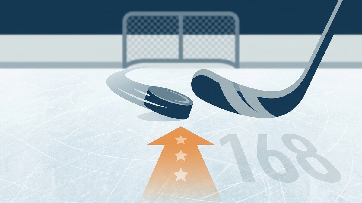 Eishockey-Puck und Schläger auf Eis, daneben Pfeil mit Sternen und Zahl 168