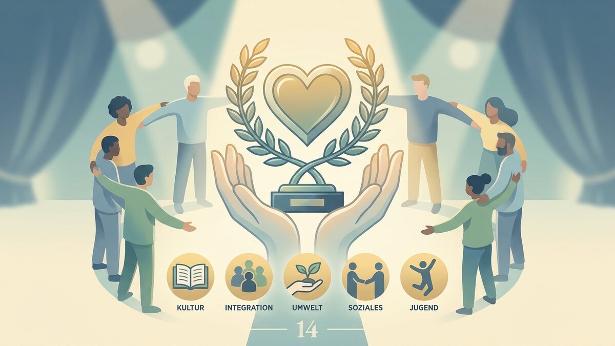 Menschen halten sich die Hände um einen Pokal mit Herz und Lorbeerkranz, darunter Symbole für Kultur, Integration, Umwelt, Soziales und Jugend.