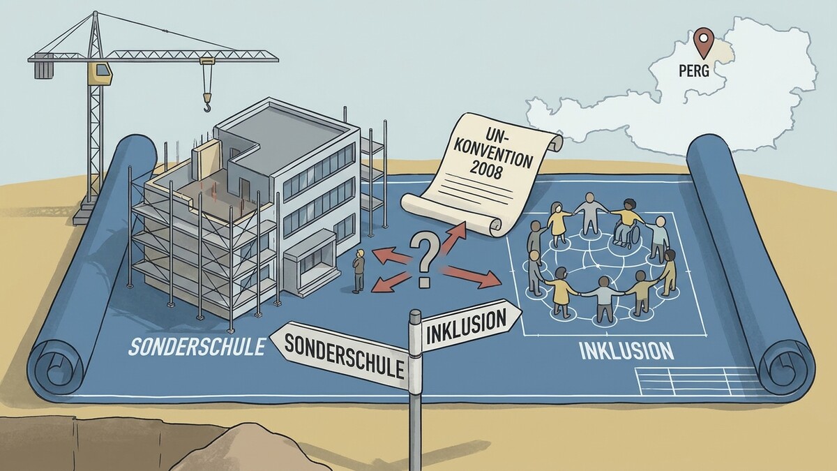 Inklusion vs. Sonderschule: Bauplan mit Bausstelle, UN-Konvention und Menschenkreis in Perg