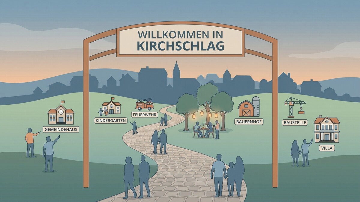 Kirchschlag: Illustration zeigt Orte wie Gemeindehaus, Kindergarten, Feuerwehr und Bauernhof