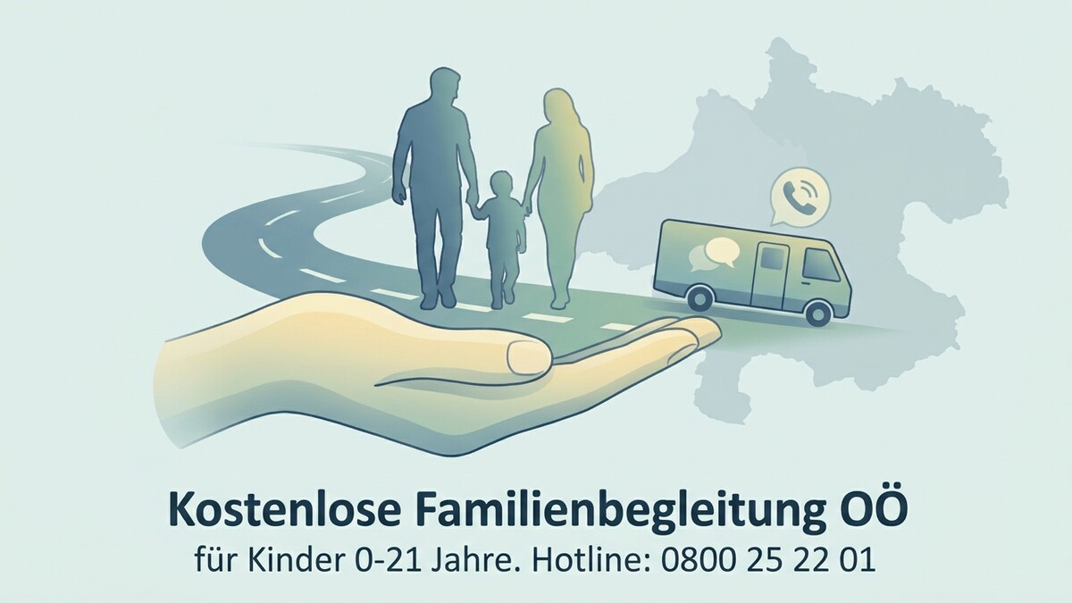 Familienbegleitung Oberösterreich: Familie auf Straße, Van, Hand, OÖ-Karte