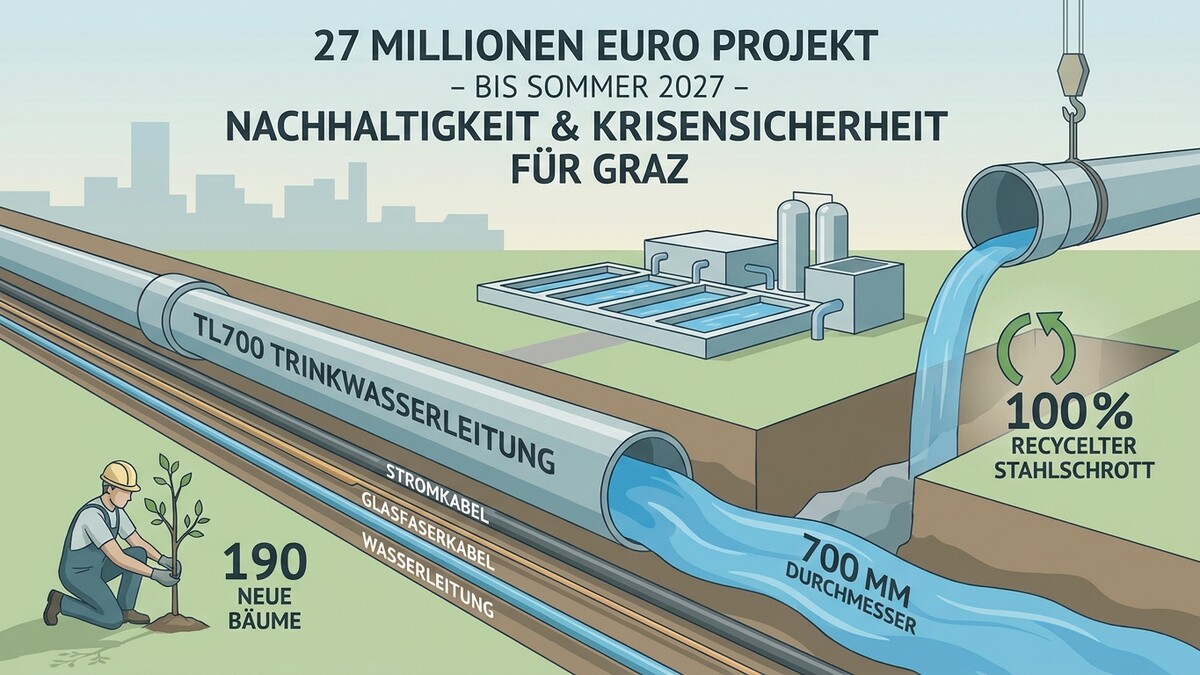 Graz: Trinkwasserleitung TL700 mit 700 mm Durchmesser, 190 neue Bäume, 100% recycelter Stahlschrott