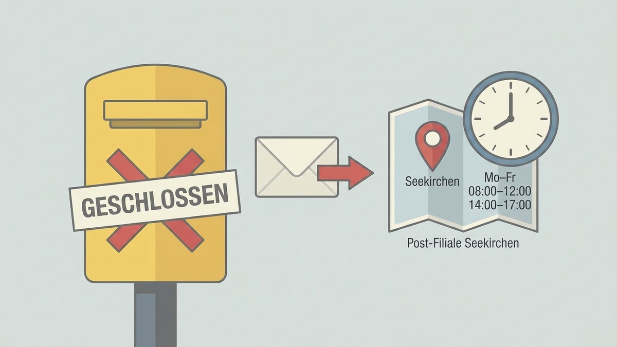 Postfiliale Seekirchen geschlossen, Briefumschlag mit Pfeil, Karte mit Pin, Uhrzeit Mo-Fr 08-12, 14-17 Uhr