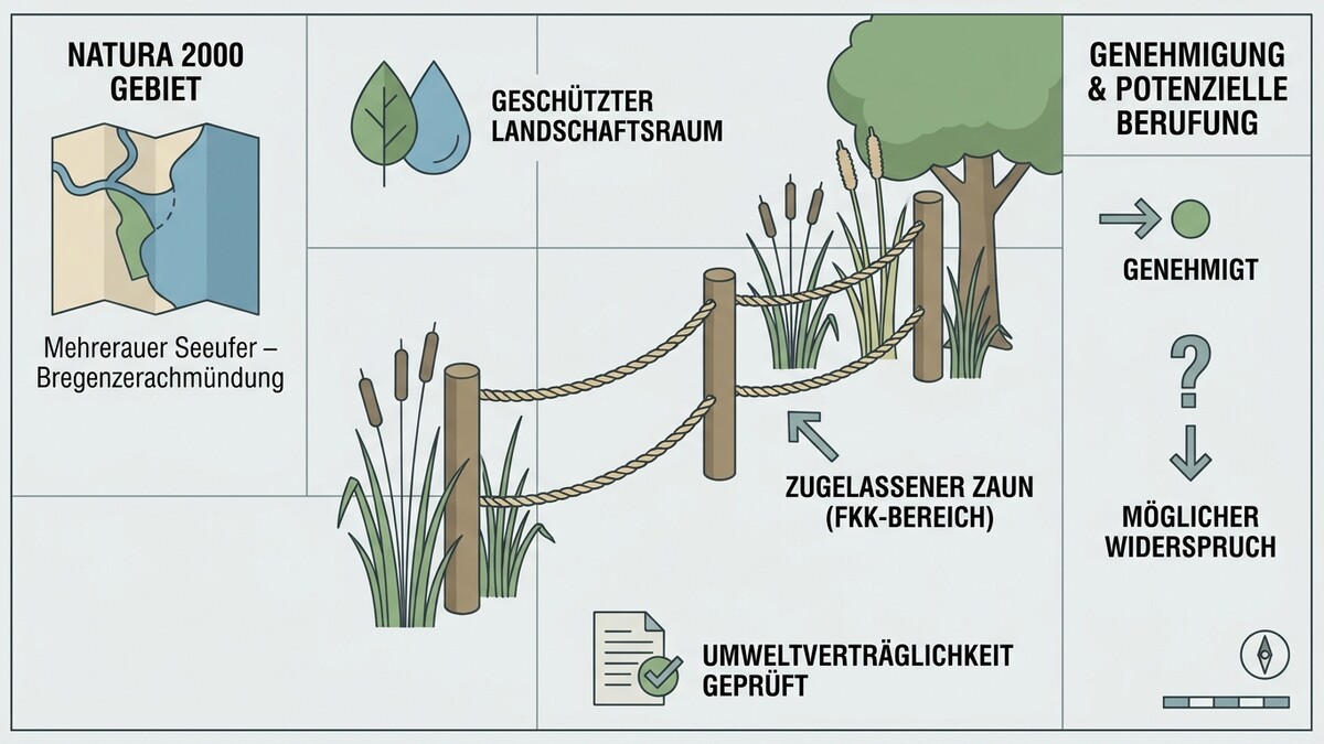 Natura 2000 Gebiet Mehrerauer Seeufer – Bregenzerachmündung mit zugelassenem Zaun und Umweltverträglichkeitsprüfung