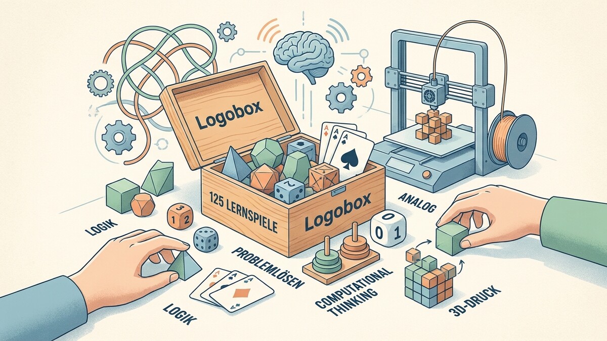 Logobox mit Lernspielen, Würfeln, Karten, 3D-Drucker und Händen, die mit Bausteinen hantieren.