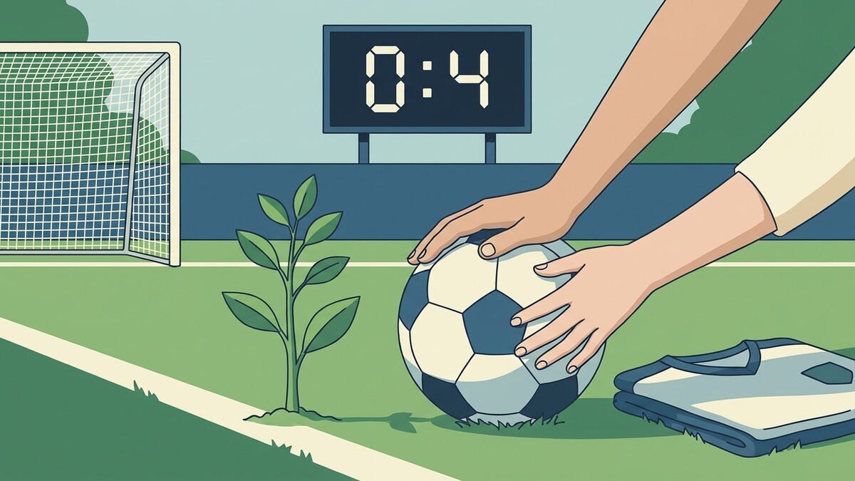 Fußball auf grünem Rasen mit Tor und Anzeigetafel 0:4