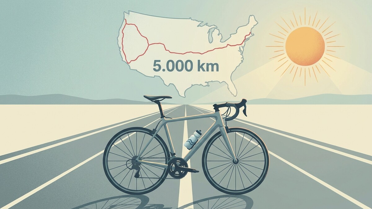 Rennrad auf Straße mit Karte der USA und 5.000 km Distanz