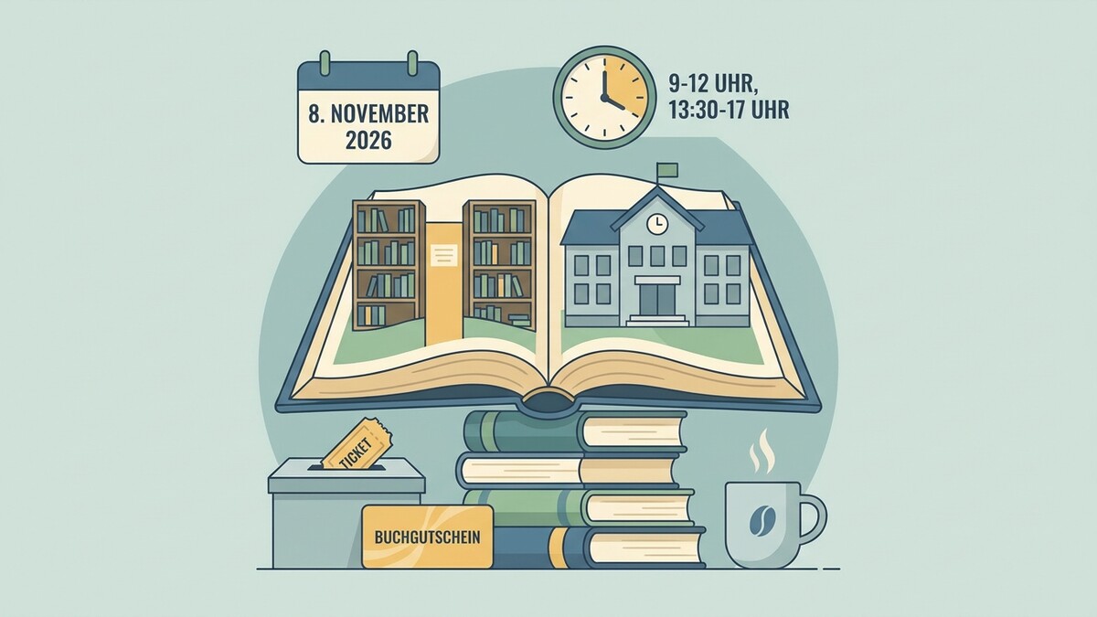 Buchgutschein-Verlosung am 8. November 2026 mit Öffnungszeiten von 9-12 und 13:30-17 Uhr.