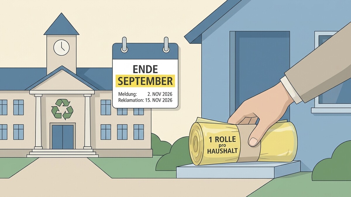Müllbeutel: 1 Rolle pro Haushalt, Kalender mit Ende September, Rathaus mit Recycling-Symbol