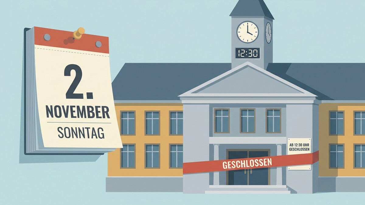 2. November Sonntag: Gebäude mit rotem Band "Geschlossen" und Schild "Ab 12:30 Uhr geschlossen"