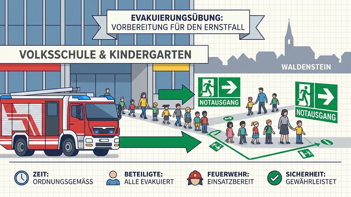 Evakuierungsübung Volksschule Kindergarten Waldenstein mit Feuerwehr und Kindern