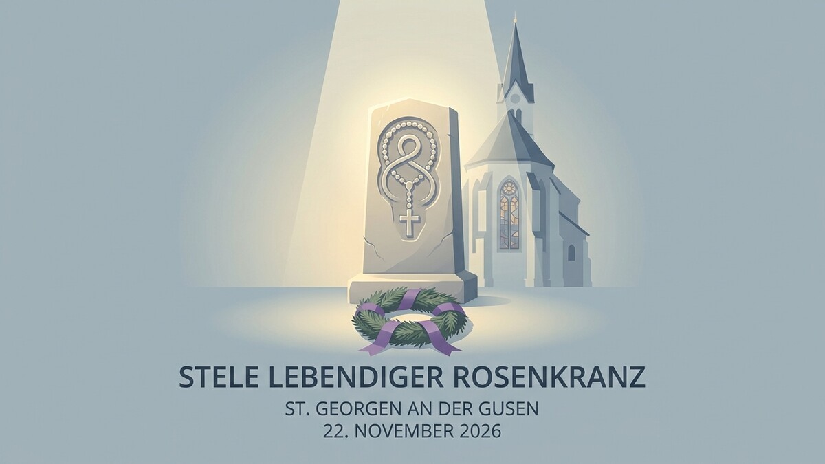Gedenkstein mit Rosenkranz und Kirche in St. Georgen an der Gusen