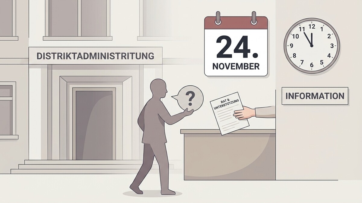 Distriktverwaltung mit Kalender, Uhr und Informationsschild, Mann mit Fragezeichen und Dokument