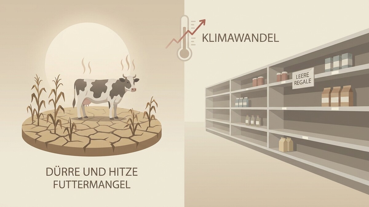 Klimawandel: Kuh auf ausgedörrtem Feld und leere Regale im Supermarkt