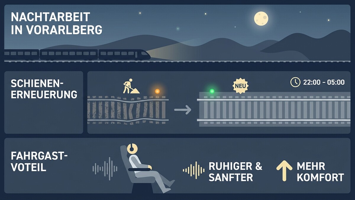 Nachtarbeit in Vorarlberg: Schienenerneuerung von 22:00-05:00 für ruhigeren und sanfteren Fahrkomfort.