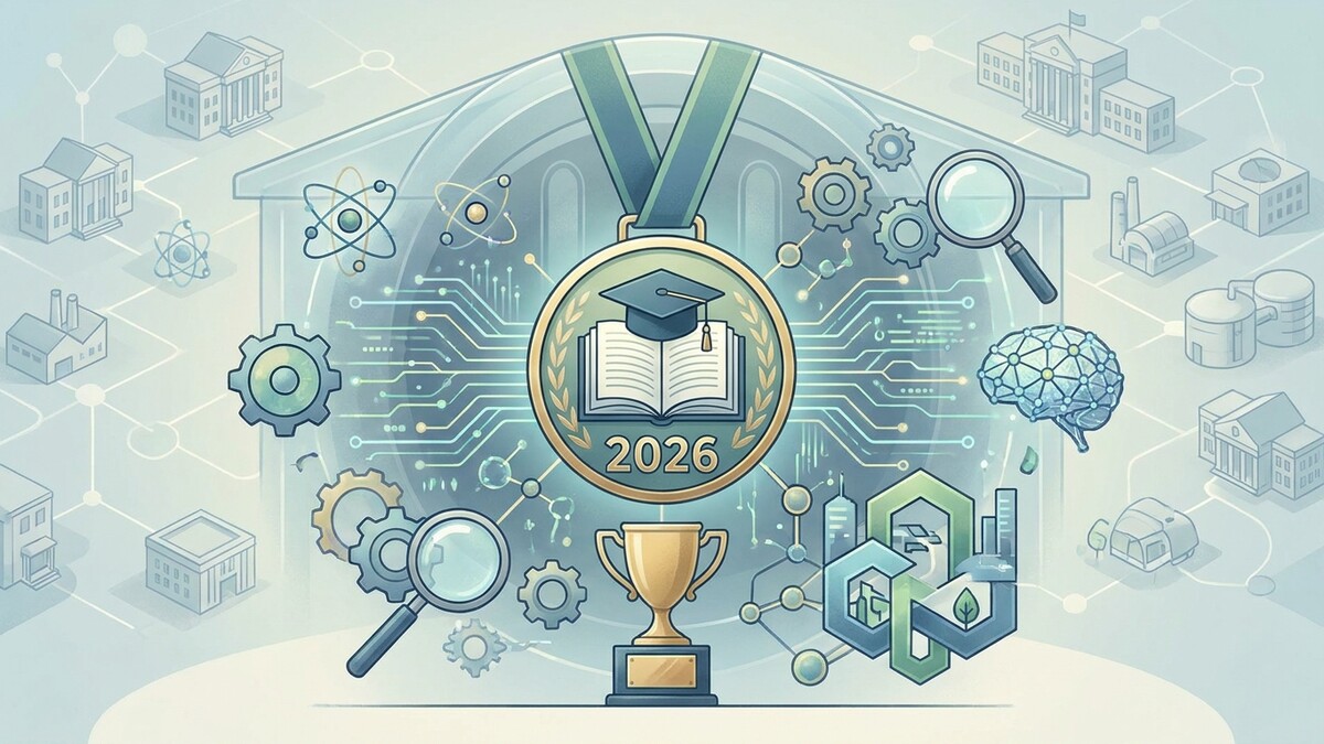 Bildung und Erfolg 2026: Medaille mit Buch, akademischer Kappe und Siegerpokal