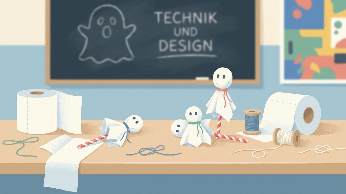 Bastelutensilien und selbstgemachte Figuren vor Tafel mit Geisterzeichnung und Schriftzug "Technik und Design"
