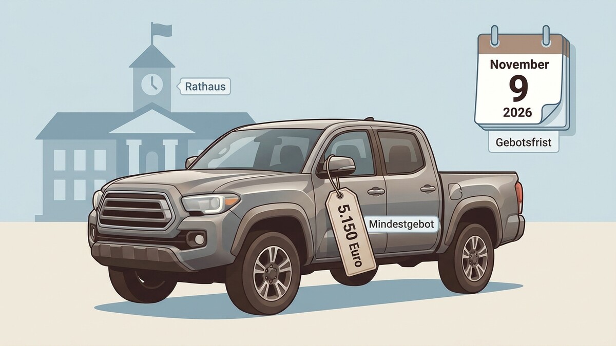 Grauer Pick-up mit Preisschild vor Rathaus und Kalender mit Gebotsfrist