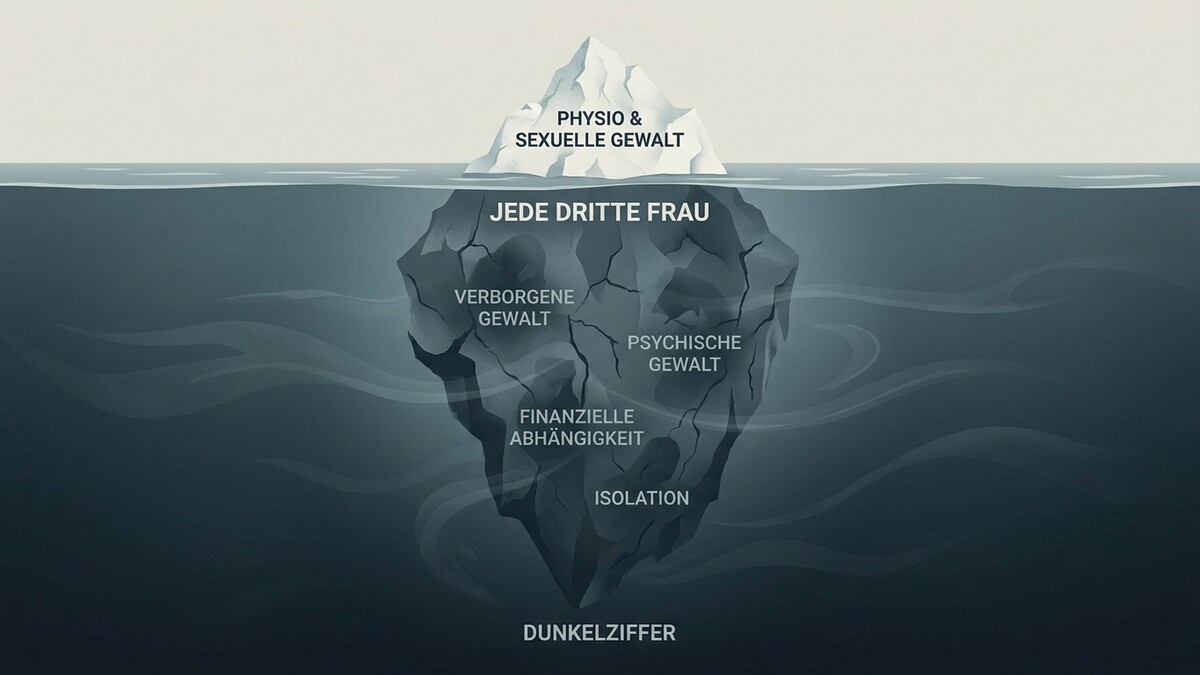 Gewalt gegen Frauen: Eisberg mit sichtbarer Gewalt und unsichtbaren Formen wie Isolation