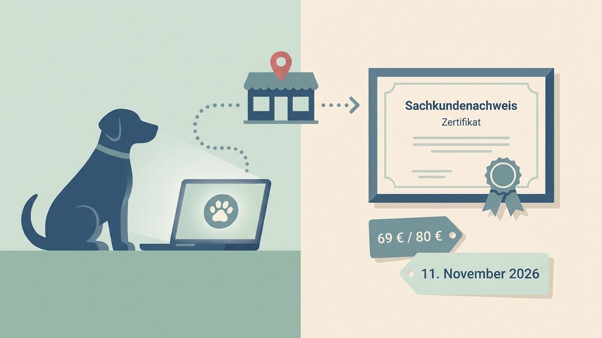 Sachkundenachweis Zertifikat für Hunde, Online-Kurs mit Abschluss und Kosten von 69/80€ am 11.11.2026