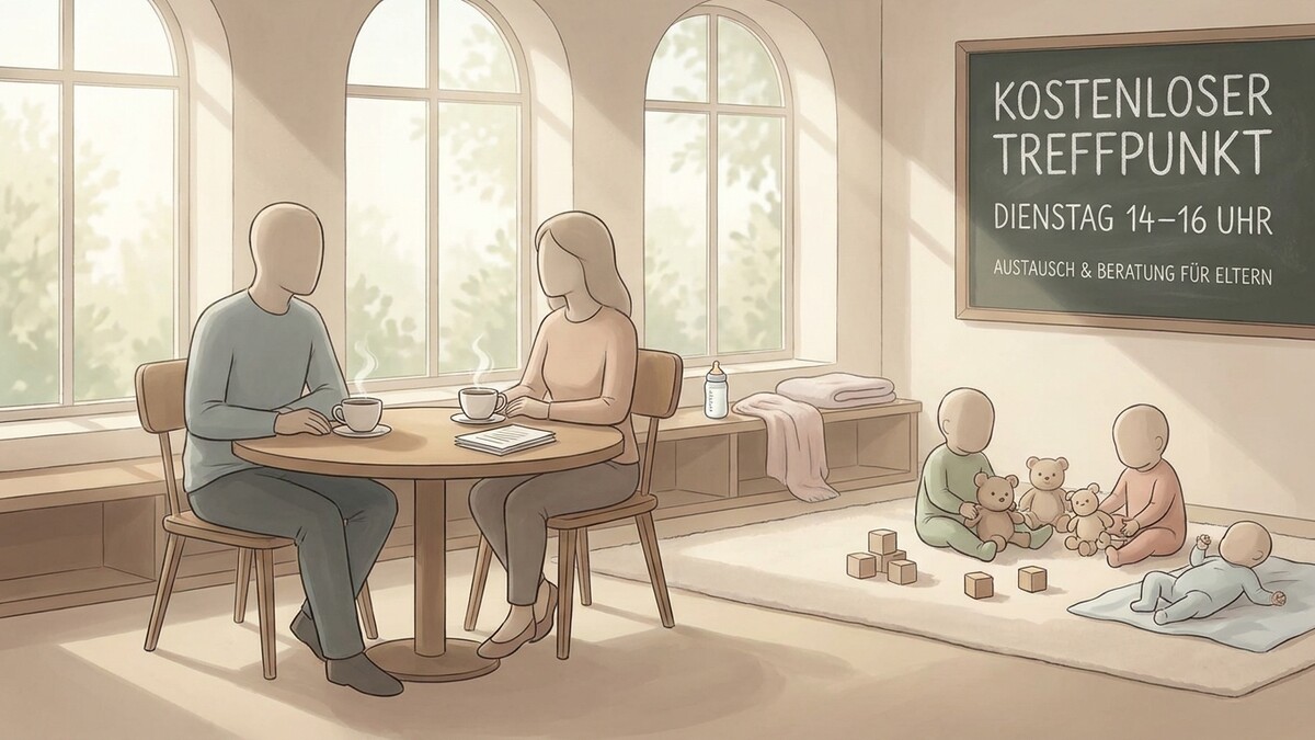 Eltern mit Babys in einem Treffpunkt mit Tafel für Austausch und Beratung
