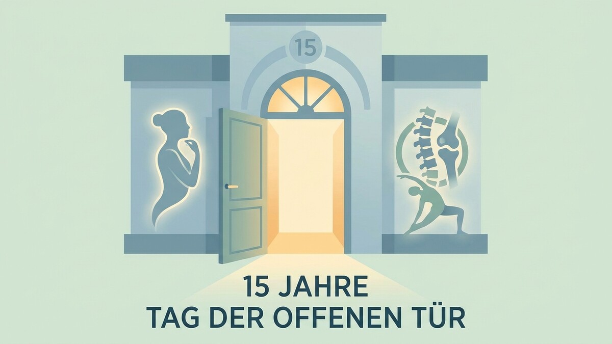 Tag der offenen Tür 15 Jahre: offene Tür mit Silhouette einer Frau und Wirbelsäule