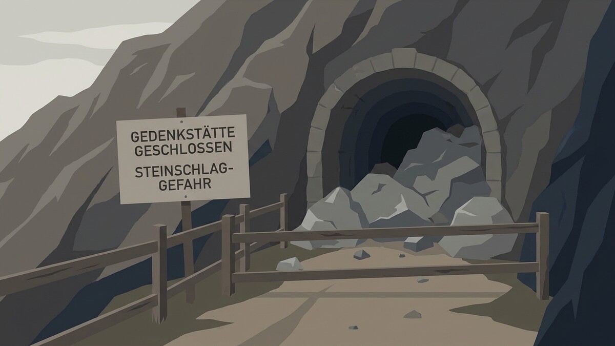 Gedenkstätte geschlossen, Steinschlaggefahr: Tunnel mit Geröll und Absperrung in den Bergen
