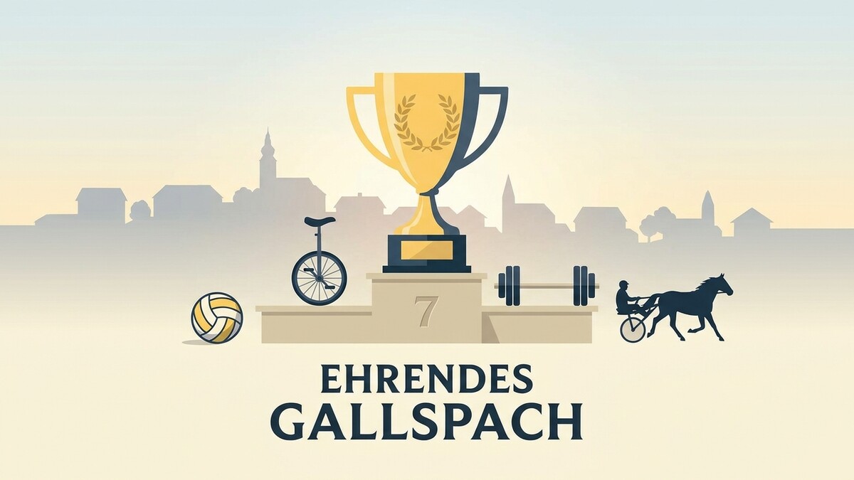 Ehrenvoller Gallspach: Pokal, Einrad, Hantelbank, Sulky mit Fahrer und Pferd