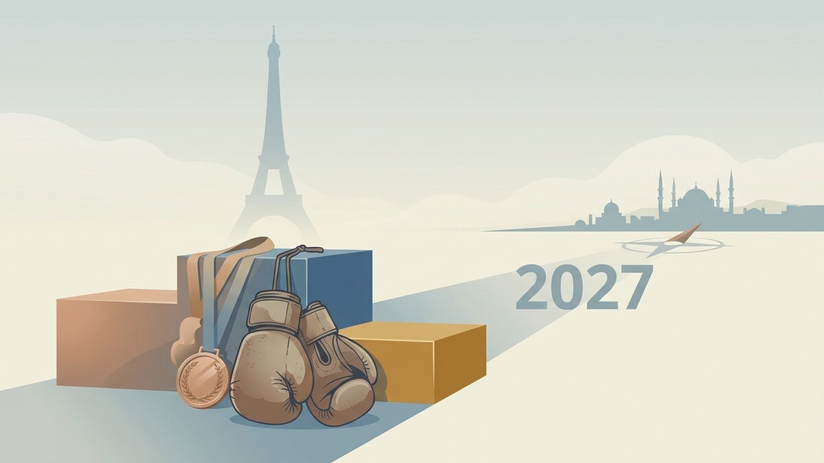 Boxhandschuhe und Medaille auf Podest vor Eiffelturm und Istanbul-Skyline mit Jahreszahl 2027