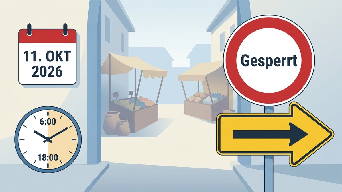 Markt gesperrt am 11. Okt 2026 von 6 bis 18 Uhr, Umleitung rechts