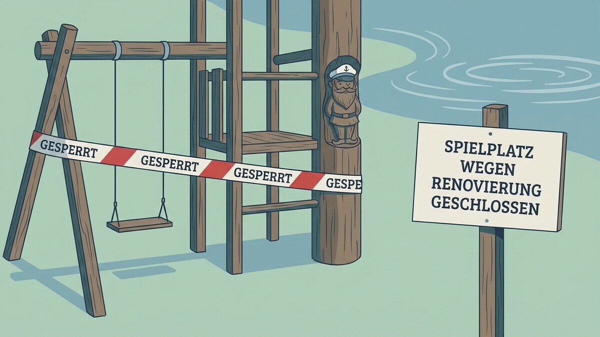 Spielplatz wegen Renovierung geschlossen, mit Absperrband und Hinweisschild