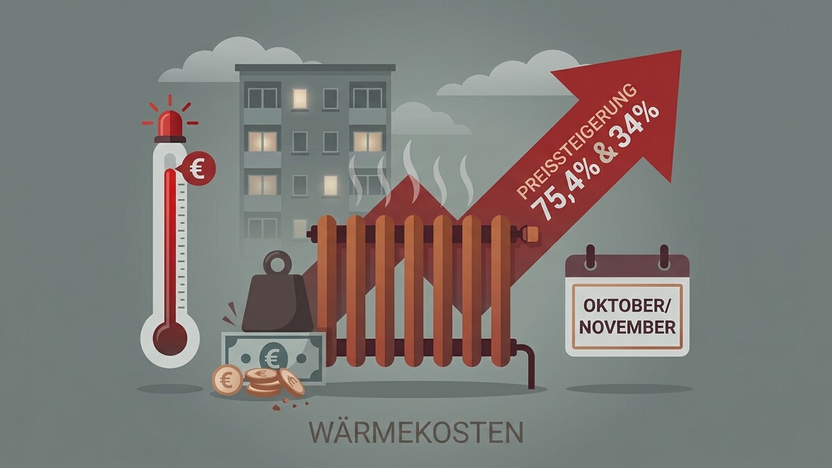 Wärmekosten: Heizkörper mit Preissteigerungspfeil, Thermometer, Geld und Kalender für Oktober/November
