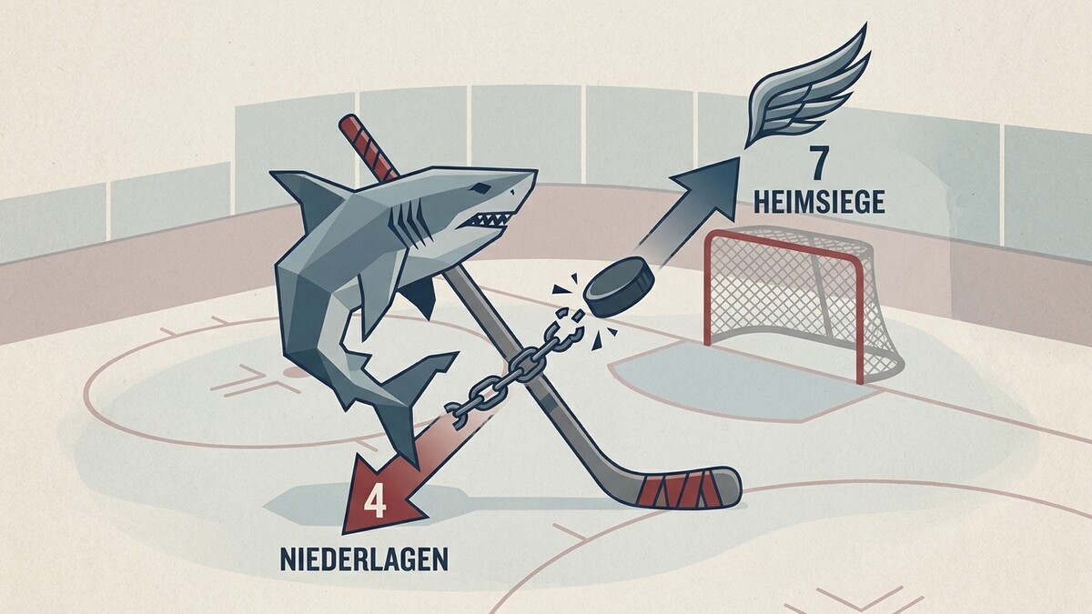 Eishockey-Puck fliegt Richtung Tor, Hai mit Kette und Pfeil für Niederlagen, Pfeil mit Flügeln für Heimsiege