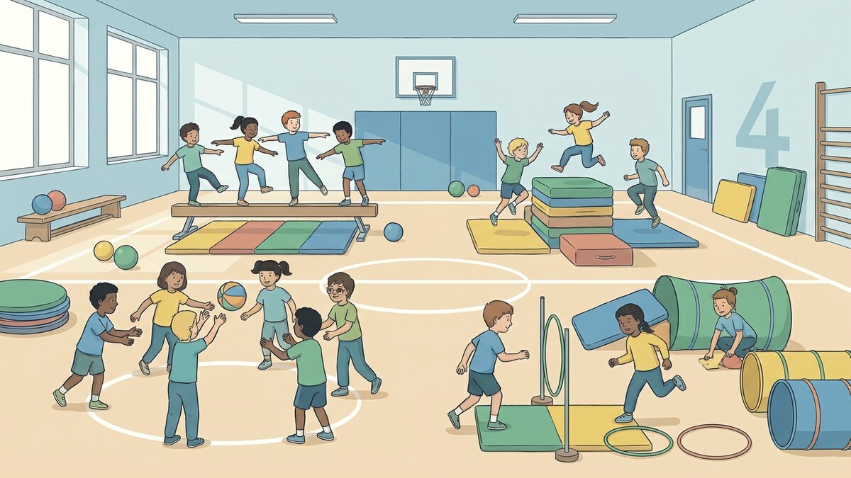 Kinder spielen in einer Turnhalle mit Bällen, einem Schwebebalken und Hindernissen.