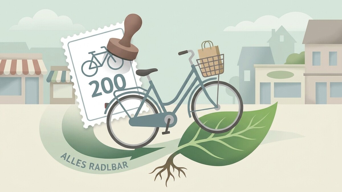 Fahrrad mit Einkaufstasche vor Briefmarke und Blatt mit Wurzeln, im Hintergrund Häuser.