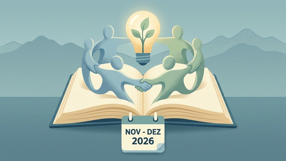 Menschen um Glühbirne mit Pflanze im Kreis auf Buch, Kalender Nov-Dez 2026